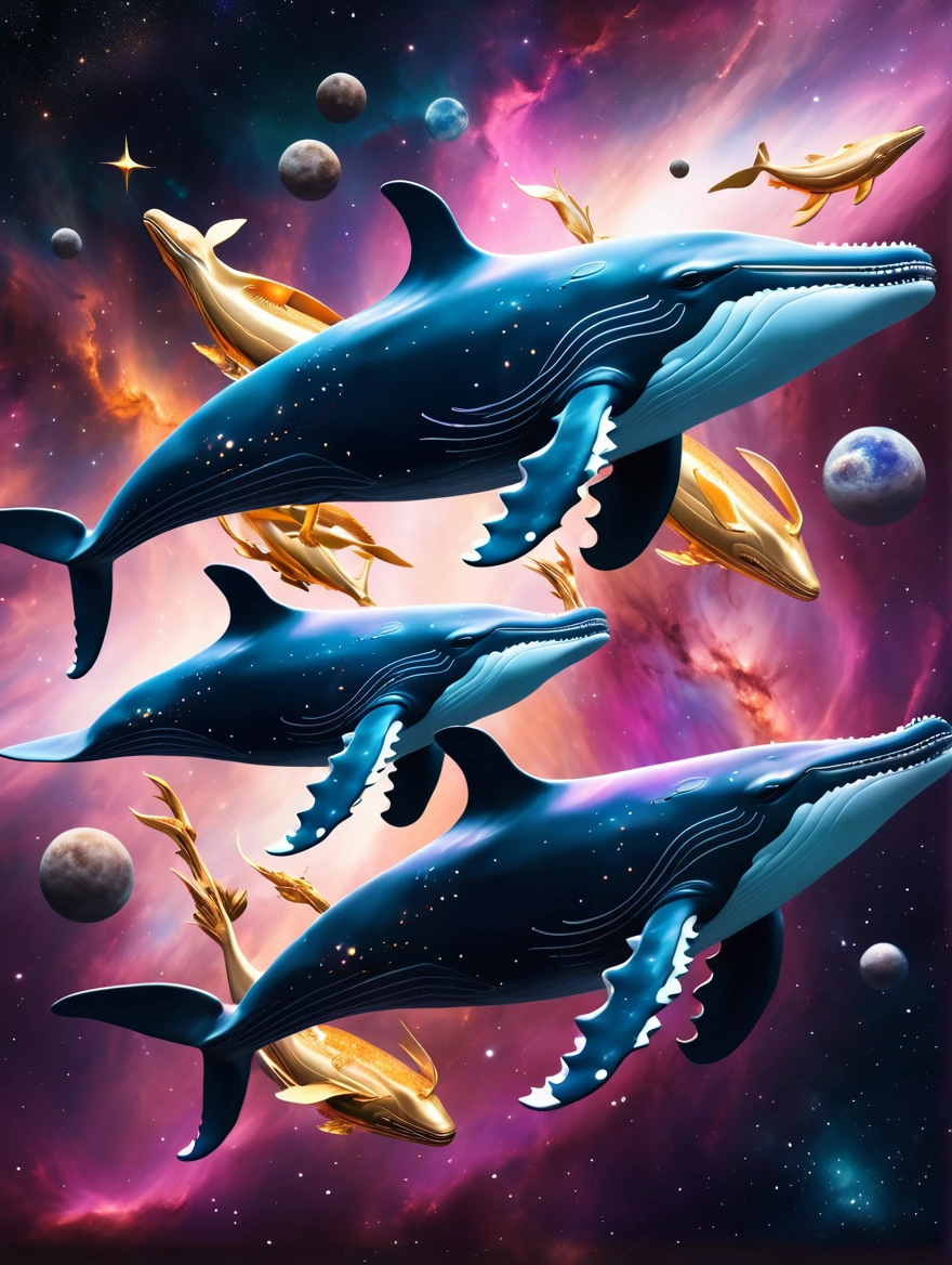 Create a digital sculpture of a beautiful Humpback whales swimming around in space. using AI technology, inspired by [albino white, dusty rose, and gold]. In deep dark space with a background of a vibrant Nebula.