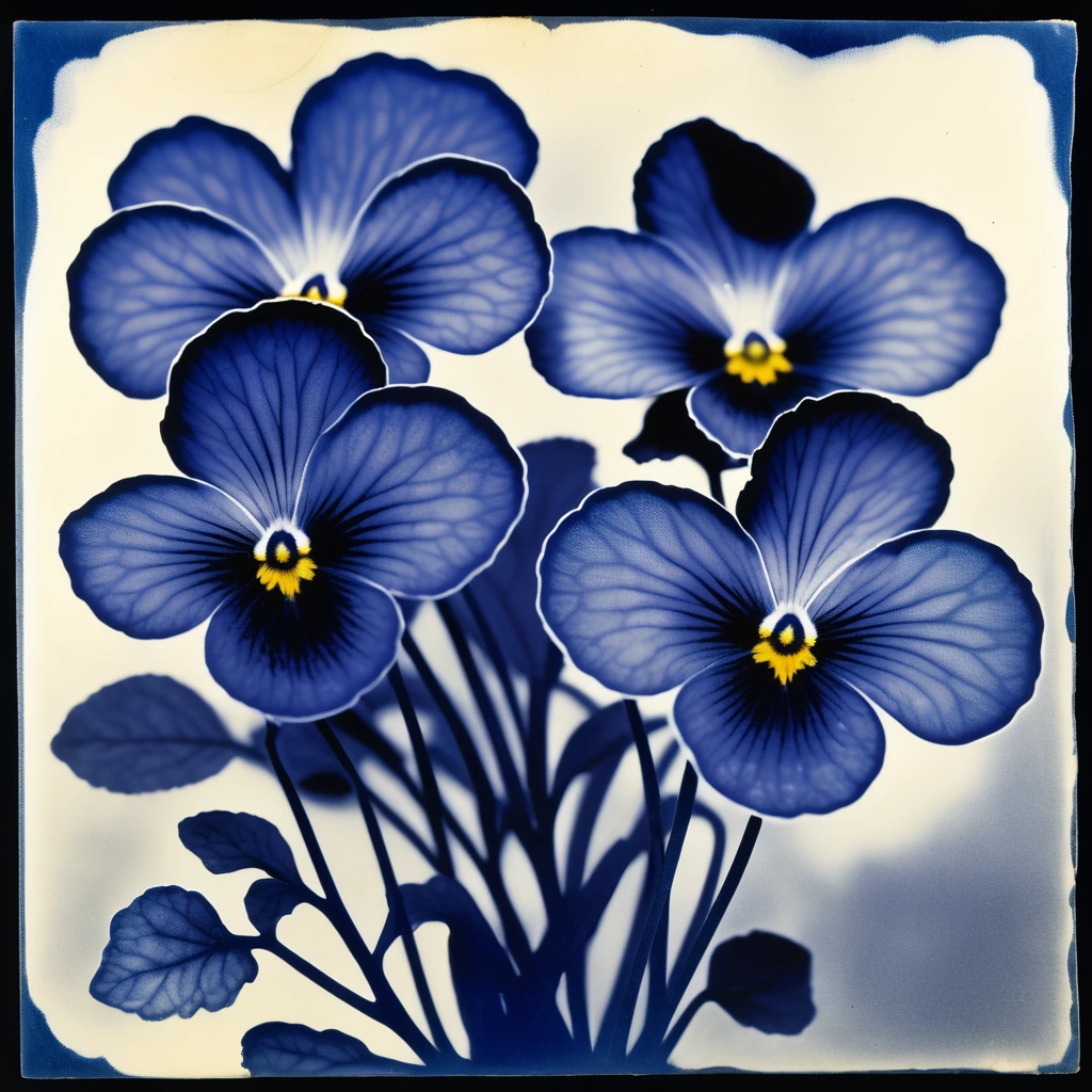 biomorphic violets, macro photo in the style of Robert Crumb, Stanley George Miller, and Arnulf Rainer. Cyanotype photo