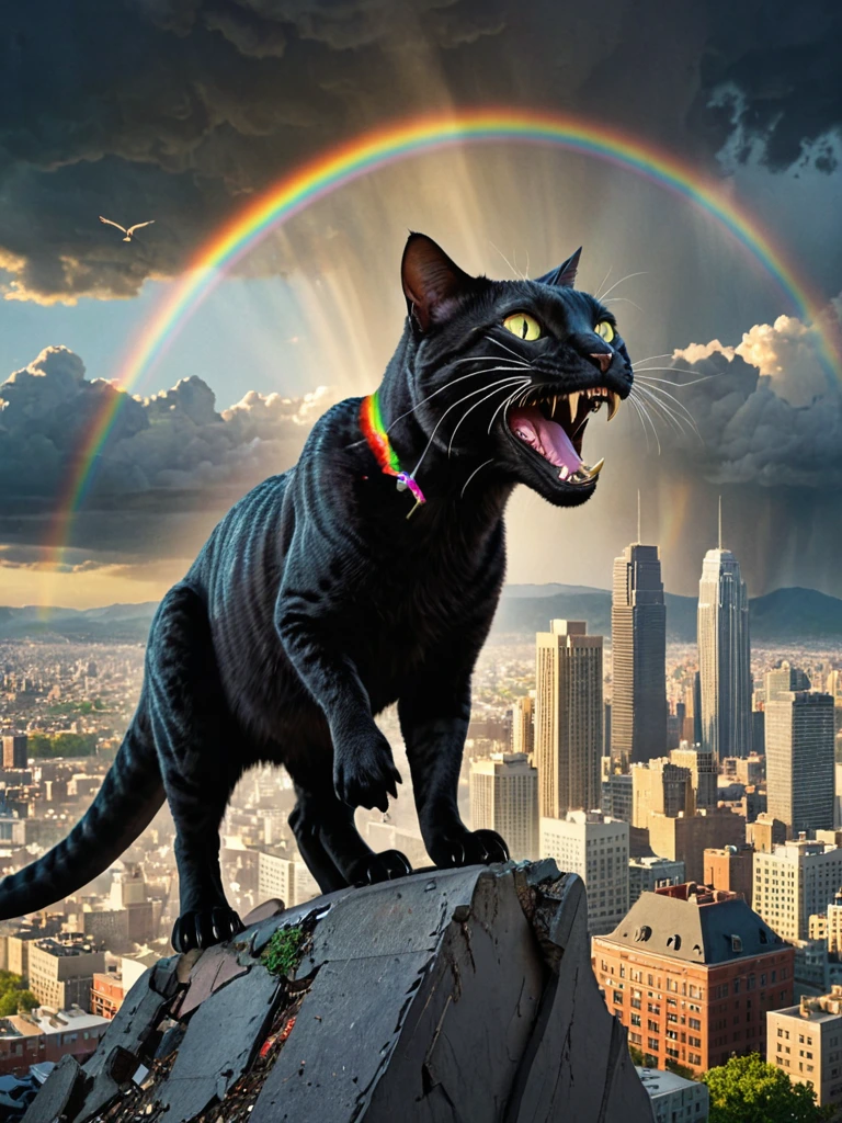 A majestic black tabby cat with the features of a T-Rex towers over a bustling cityscape. Its reptilian eyes gleam with power and mischief as it unleashes a vibrant rainbow beam from its jaws. 

The cat's massive, muscular frame casts a looming shadow over the city below. Buildings crumble in its wake, as chaos and destruction ensue. Yet, amidst the mayhem, there is a blend of colorful magic - the rainbow beam emanating from the cat's mouth seems to infuse the scene with an otherworldly, photorealistic quality.

The juxtaposition of the cat's feline features with its T-Rex-like physique creates a captivating and fantastical creature. Its presence overwhelms the cityscape, challenging the viewer's sense of scale and perspective. This blending of the natural and the supernatural, the familiar and the bizarre, results in a truly awe-inspiring and visually stunning image.