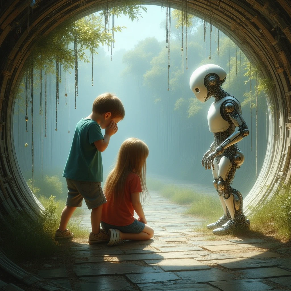 The white robot on the tunnel in the park that they see in the foreground some children put their hands to their faces in surprise and wide eyes