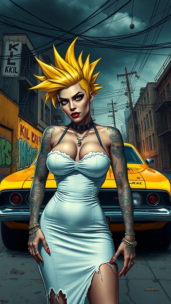 A post-apocalyptic femme fatale punk character with a vibrant neon yellow mohawk and bold undercut, large breasts,exuding defiance with intense eyes, dark makeup, and a striking red lip. Adorned with numerous piercings and elaborate tattoos of skulls and monsters on arms and back, her figure standing boldly in a tight-fitting, torn white dress. The backdrop features a gritty, chaotic urban dystopia with a rugged yellow muscle car bearing a 'KIL KIL' license plate, dilapidated buildings, faded graffiti, tangled wires, and ominous overcast skies, all bathed in vivid yet dark hues for a comic book aesthetic with high detail and dramatic lighting.