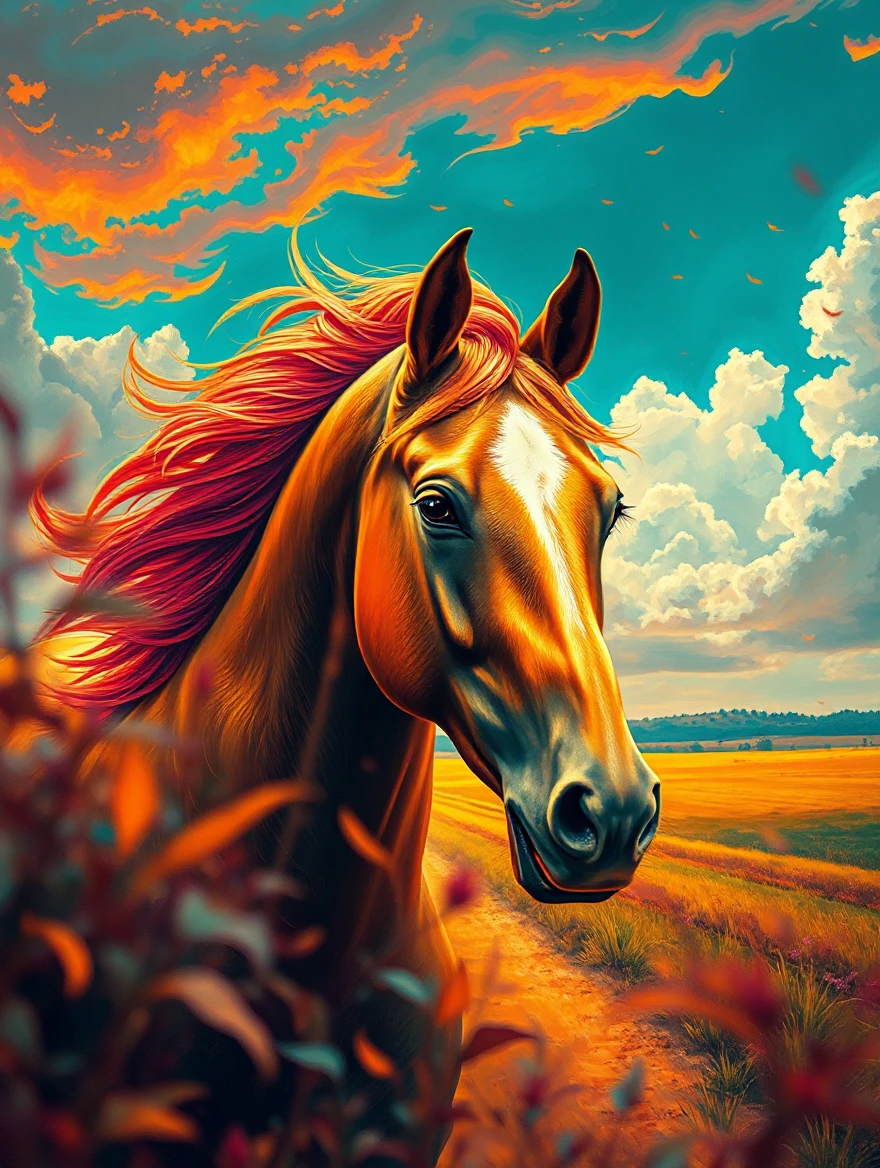 A painting masterpiece showcasing beautiful ultra detailed horse through  distorted reality. The vivid colour palette and intricate brushwork immerse viewers in a mesmerizing world of realistic enchantment, where the surreal beauty of nature looms. The ambience is accentuated by cinematic lighting, elevating the atmosphere of mystical fantasy. Captured in crisp 1080p resolution, this lifestyle photograph invites you to delve into a realm of wonder and intrigue. Dramatic action