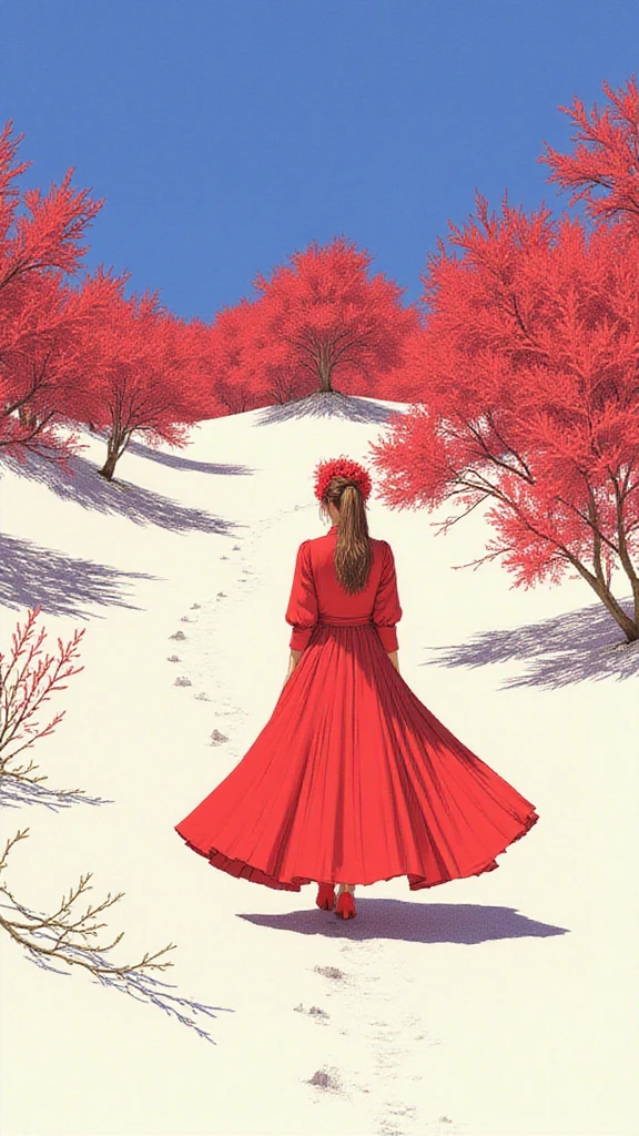 A whimsical and surreal photograph of a woman in a red dress walks in a white salt desert, surrounded by red tree inspired by Scarlett Hooft Graafland