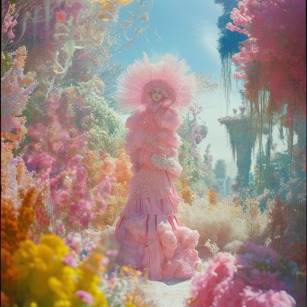 Close-up Shot of a galactic garden, Landscape Adox Color Implosion, by Tim Walker, photocollage, sun-soaked colours, advertising art, hyperrealistic environments, sculptural form, fanciful costume design