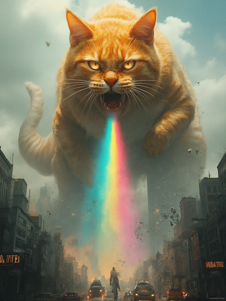 A majestic orange tabby cat with the features of a T-Rex towers over a bustling cityscape. Its reptilian eyes gleam with power and mischief as it unleashes a vibrant rainbow beam from its jaws. 

The cat's massive, muscular frame casts a looming shadow over the city below. Buildings crumble in its wake, as chaos and destruction ensue. Yet, amidst the mayhem, there is a blend of colorful magic - the rainbow beam emanating from the cat's mouth seems to infuse the scene with an otherworldly, photorealistic quality.

The juxtaposition of the cat's feline features with its T-Rex-like physique creates a captivating and fantastical creature. Its presence overwhelms the cityscape, challenging the viewer's sense of scale and perspective. This blending of the natural and the supernatural, the familiar and the bizarre, results in a truly awe-inspiring and visually stunning image.