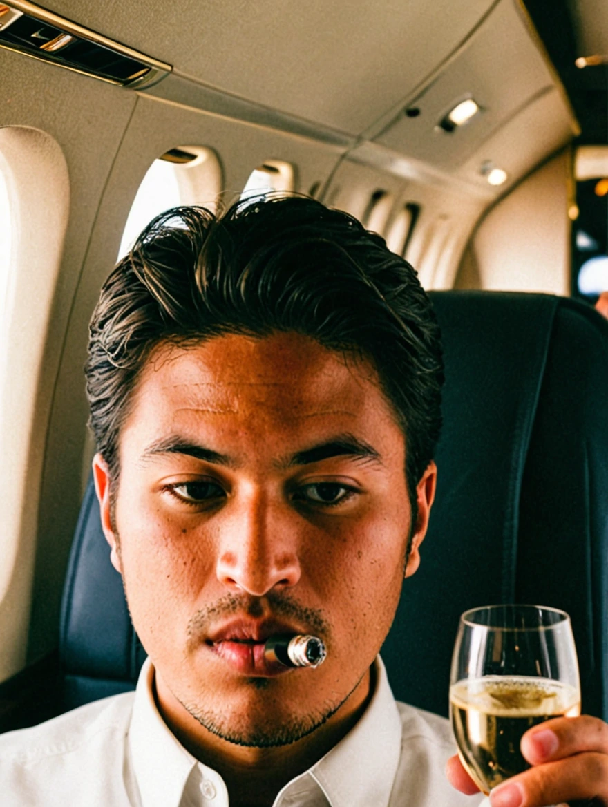 man drinking champagne on a private jet