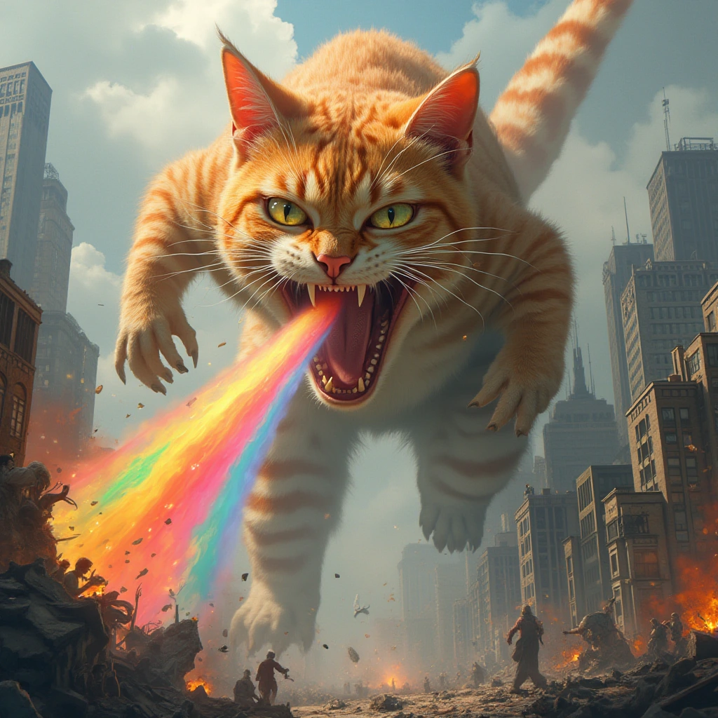 A majestic orange tabby cat with T-rex features shooting a vibrant rainbow beam from its jaws, towering over a bustling cityscape. The cat's reptilian eyes gleam with power and mischief as chaos ensues below, buildings crumbling in its wake, a blend of destruction and colorful magic in a photorealistic depiction.