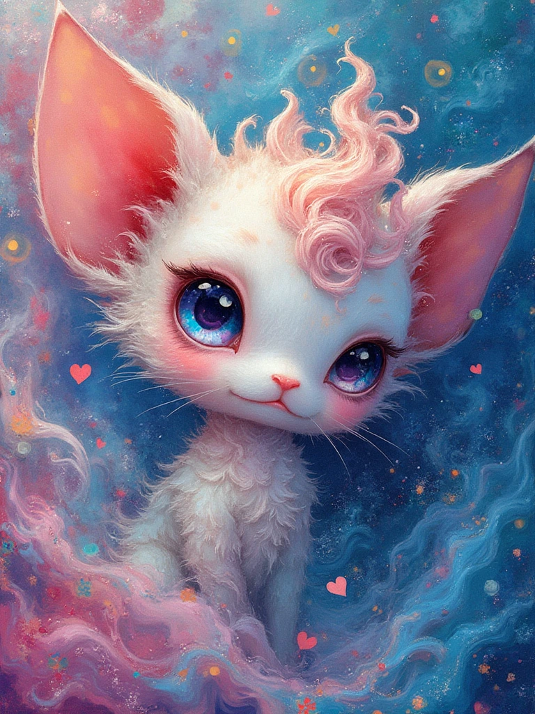 Create a close-up of an adorable chibi fantasy creature with a mesmerizing blend of pastel alcohol ink and acrylic glitter paint, painting inspired by the whimsical styles of Michael Cheval, Luis Royo, and Mucha reminiscent mashup of Nordic and Scandinavian art styles. Vibrant colors blend in intricate swirls, creating a dreamy, ethereal background reminiscent of a mystical Candyland. Subtle grunge elements add a touch of dark charm, while hints of a benevolence whimsical appearance float through the composition. The distinctive styles of each artist intertwine, inviting viewers into an enchanting, otherworldly realm of artistic wonder.