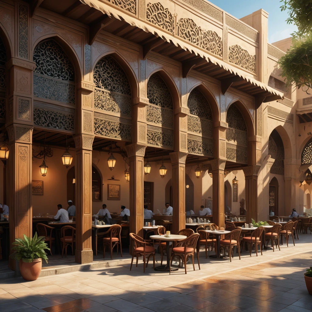 a hyper-realistic digital painting of a beautiful islamic Arabian style cafe at morning coffee