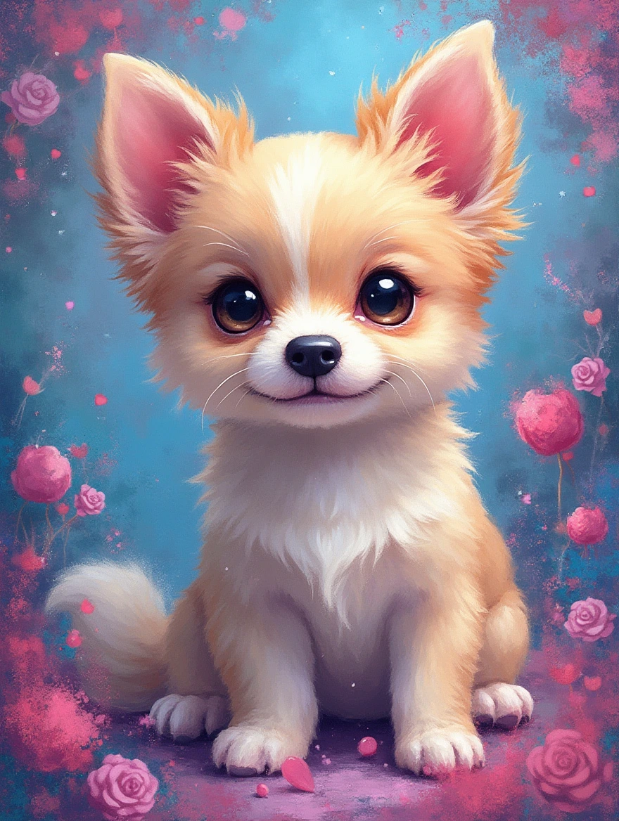 Create a close-up of an adorable chibi dog with a mesmerizing blend of pastel alcohol ink and acrylic glitter paint, painting inspired by the whimsical styles of Michael Cheval, Luis Royo, and Mucha reminiscent mashup of Nordic and Scandinavian art styles. Vibrant colors blend in intricate swirls, creating a dreamy, ethereal background reminiscent of a mystical Candyland. Subtle grunge elements add a touch of dark charm, while hints of a benevolence whimsical appearance float through the composition. The distinctive styles of each artist intertwine, inviting viewers into an enchanting, otherworldly realm of artistic wonder.