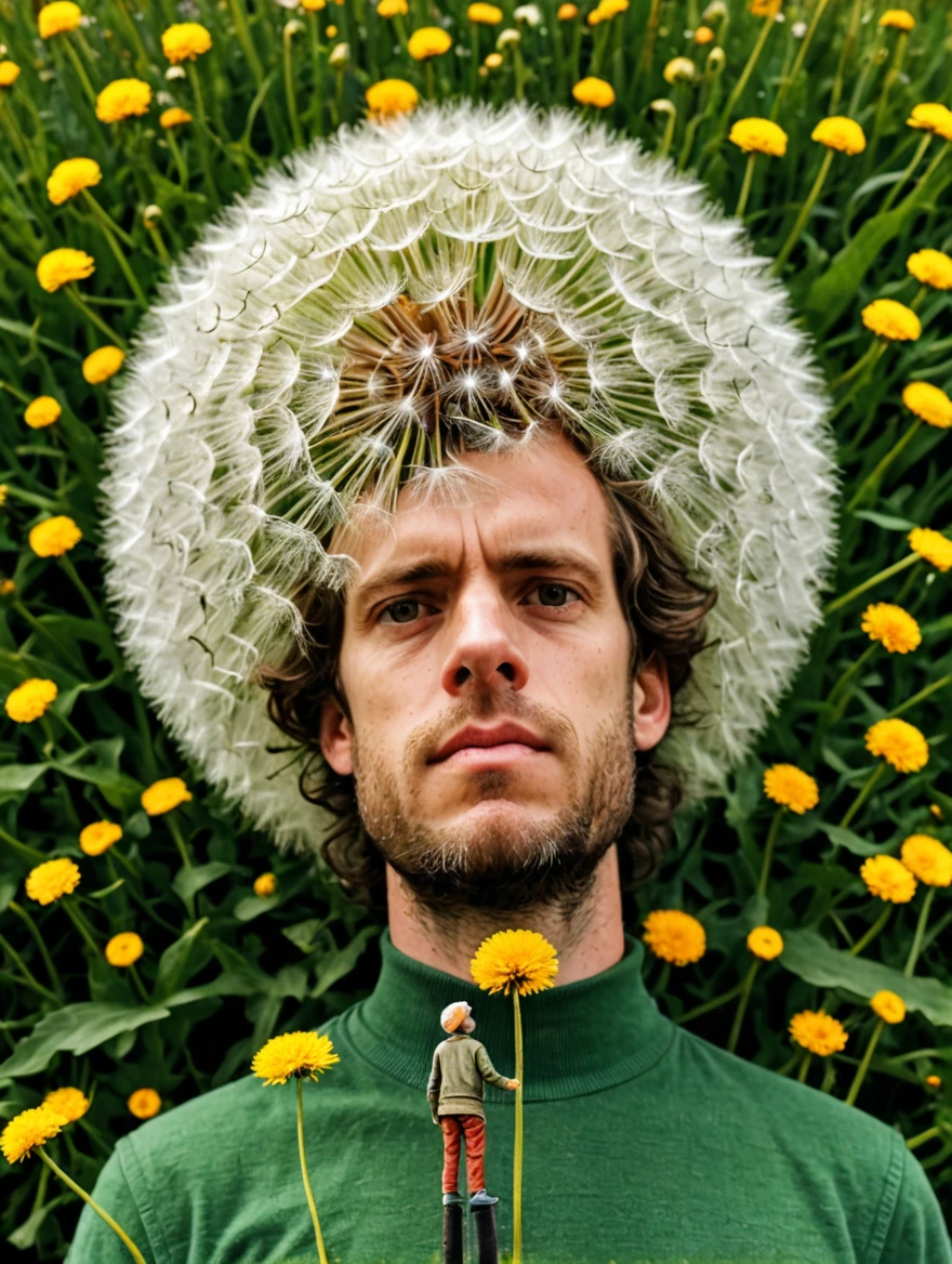 tiny man standing under a giant dandelion