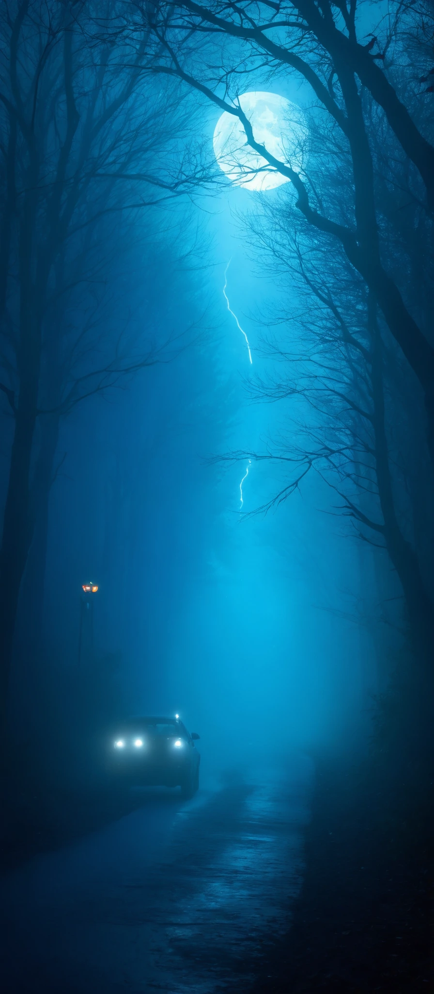 A fog-covered winding road enveloped by dense forest, illuminated by the eerie blue light of the full moon casting long shadows of twisted tree branches. In the distance, mysterious creatures with glowing red and green eyes lurk in the shadows, enhancing the tension and intrigue of the scene.