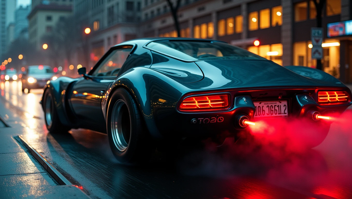 A musclepunk-inspired car with a sculptural fiberglass auto-body resembling bulging musculature like a biceps, painted in dark claret to resemble a diagram of muscle fiber. Its red taillights shine in the night as it speeds down a wet city street, leaving behind squealing tires and a cloud of black smoke on the asphalt. The scene is reminiscent of a blend between Alex Grey and Robert Crumb's artistic styles, creating a surreal and dynamic atmosphere.