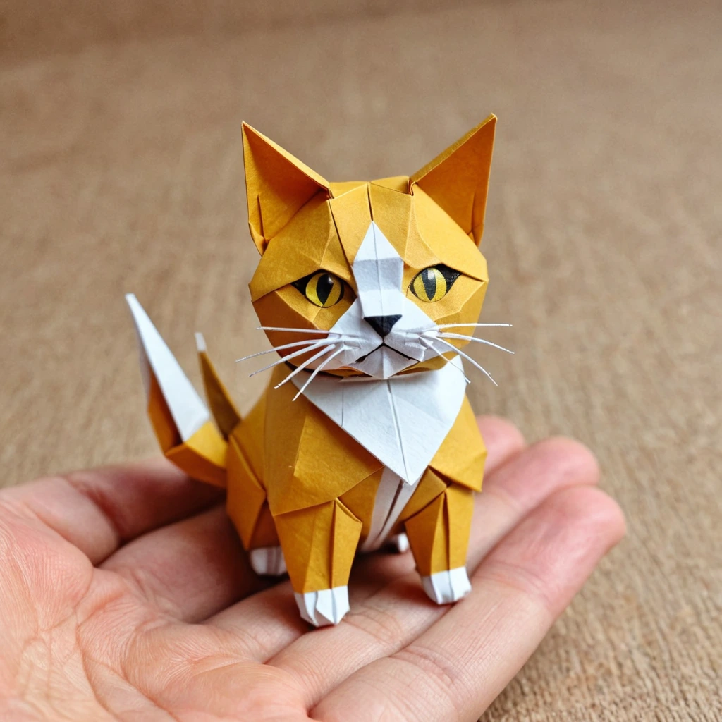 Brown and yellow and white origami miniature cat