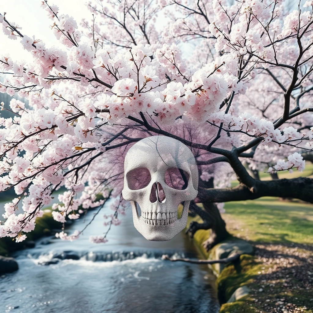 Generate a high-resolution, photorealistic image of a beautiful cherry tree in full bloom by a stream.
The illusion of a skull appears to be formed by the arrangement of windswept blossoms and boughs, as though through double exposure
, rendered in 8k resolution.