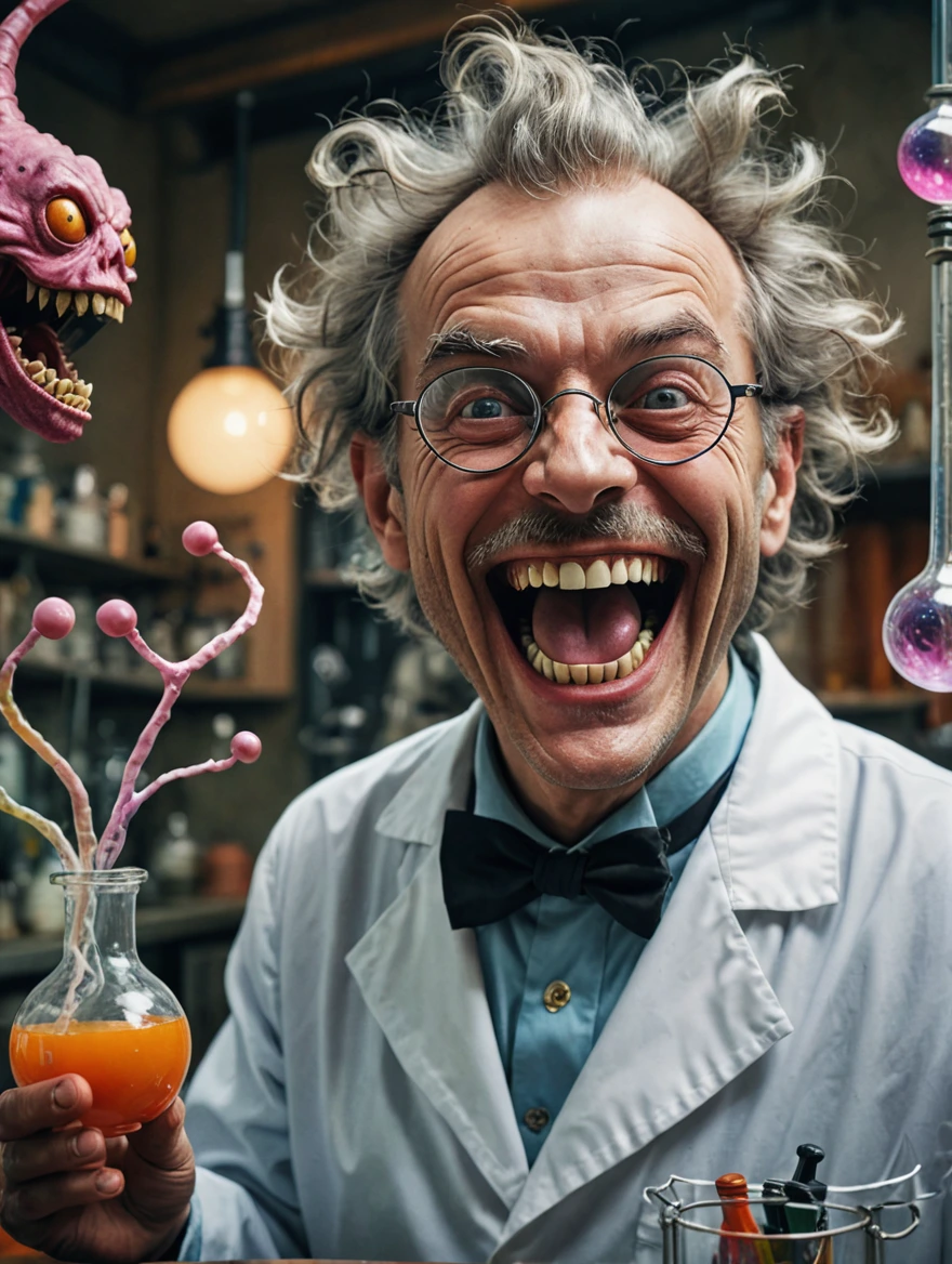 A mad scientist is laughing in joy at his monstrous creation spooky vibe, surrealist style, fantastical, magical, unexpected, super detail, dreamy lo-fi photography, colorful