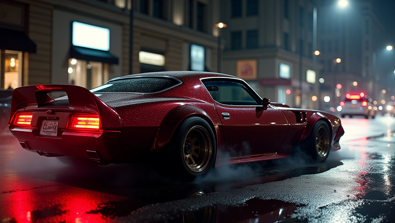 A musclepunk-inspired car with a sculptural fiberglass auto-body resembling bulging musculature like a biceps, painted in dark claret to resemble a diagram of muscle fiber. Its red taillights shine in the night as it speeds down a wet city street, leaving behind squealing tires and a cloud of black smoke on the asphalt. The scene is reminiscent of a blend between Alex Grey and Robert Crumb's artistic styles, creating a surreal and dynamic atmosphere.