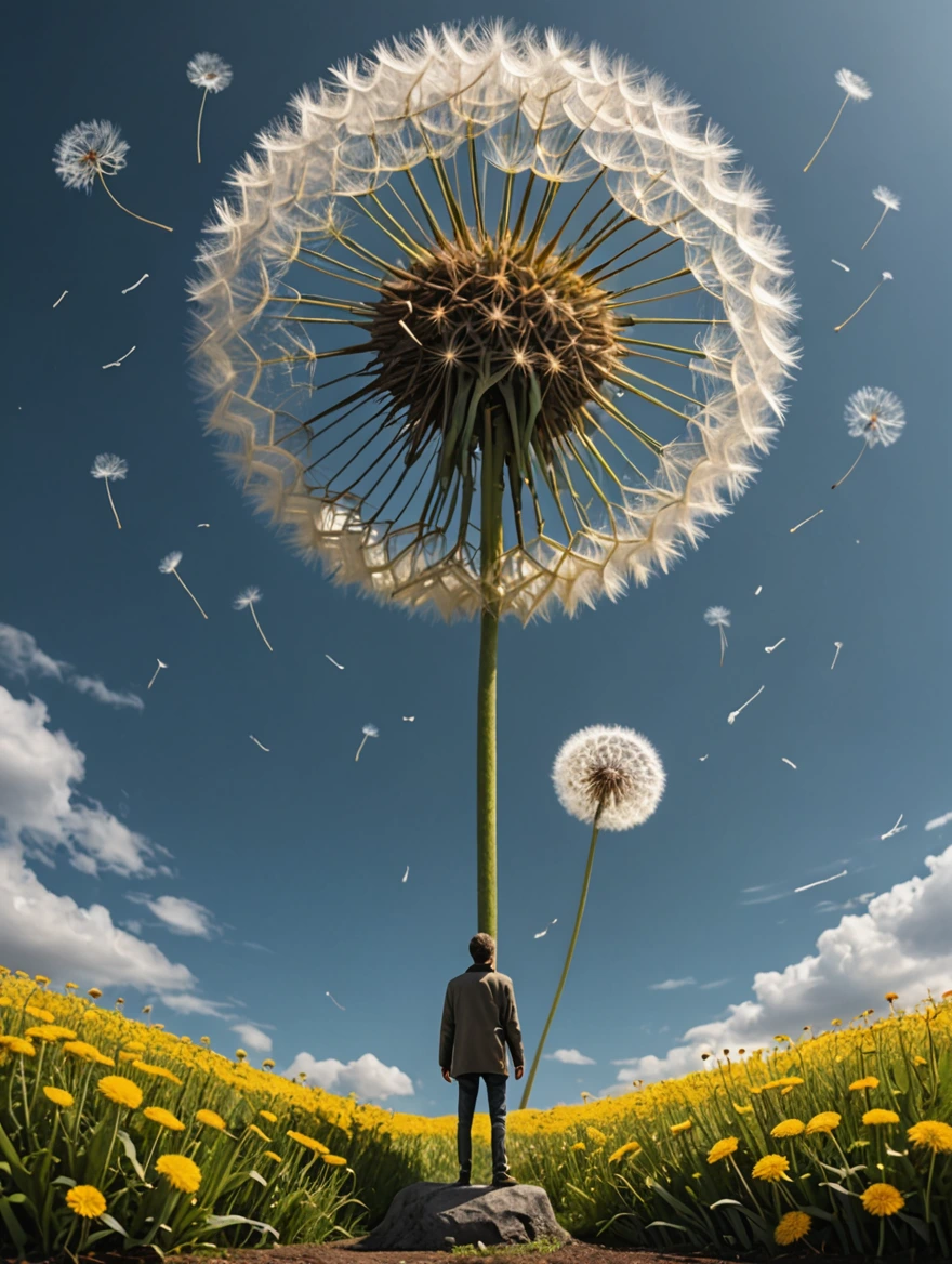 tiny man standing under a giant dandelion