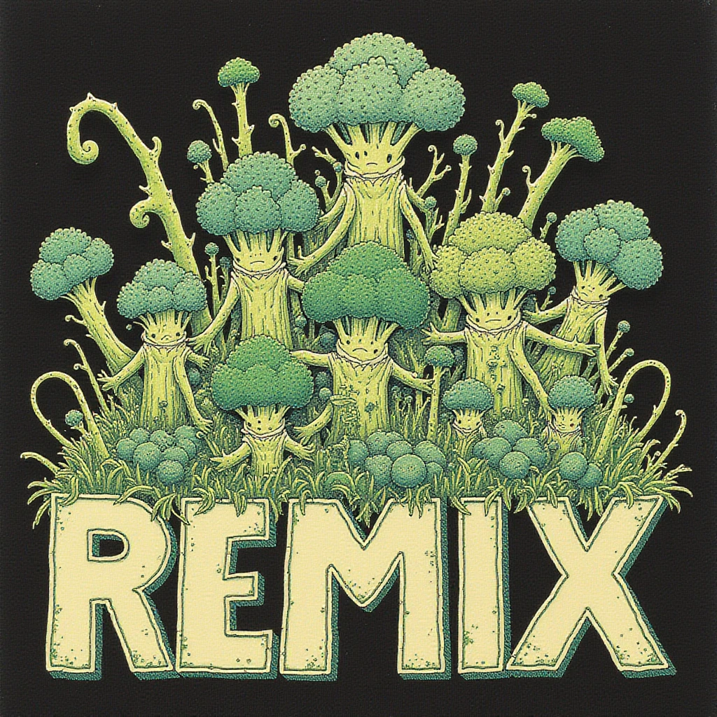 A wild proliferation of green broccoli characters in different styles displayed behind the word "REMIX". In a Black tshirt design