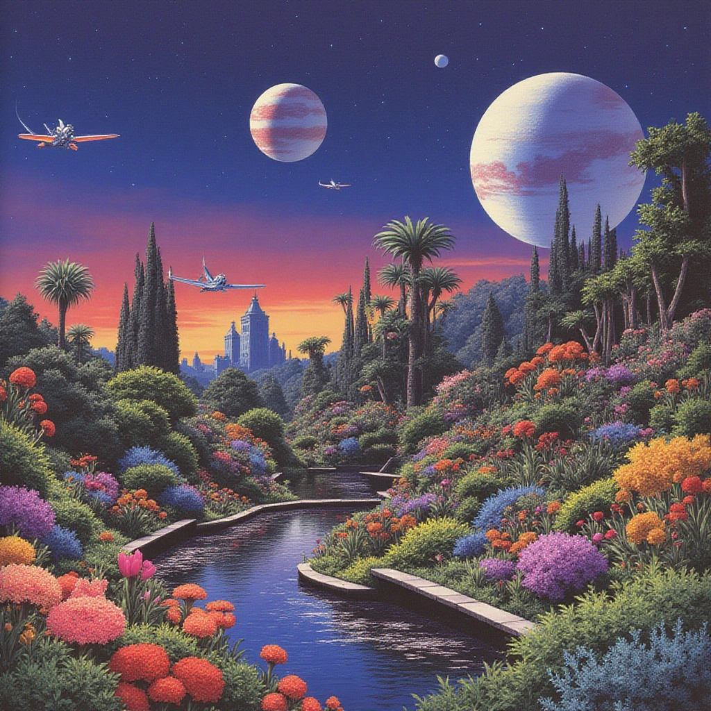 An otherworldly garden at twilight, teeming with bioluminescent flora boasting exotic petal counts unseen on Earth, radiating a myriad of hues. Majestic alien steeds clad in celestial armor soar amidst colossal moons and planets. The enchanting spectacle showcases gardens suspended from gravitational anomalies, while ethereal stardust bridges crisscross the landscape. This breathtaking extraterrestrial tableau is frozen in crystal-clear, high-definition detail.