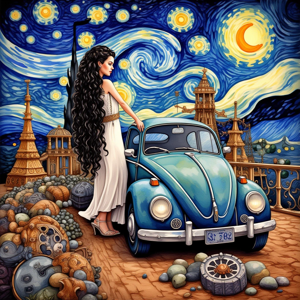 A surreal composition blending Salvador Dali's melting clocks, Vincent van Gogh's Starry Night sky, and MC Escher's impossible architecture. Adorned with the features of various artists, a stunning woman with long tousled ebony hair and a steampunk aesthetic stands beside a Volkswagen Beetle. In a distorted dreamscape, vibrant colors and intricate details intertwine, creating a mesmerizing and chaotic scene that captivates with its twisted beauty.