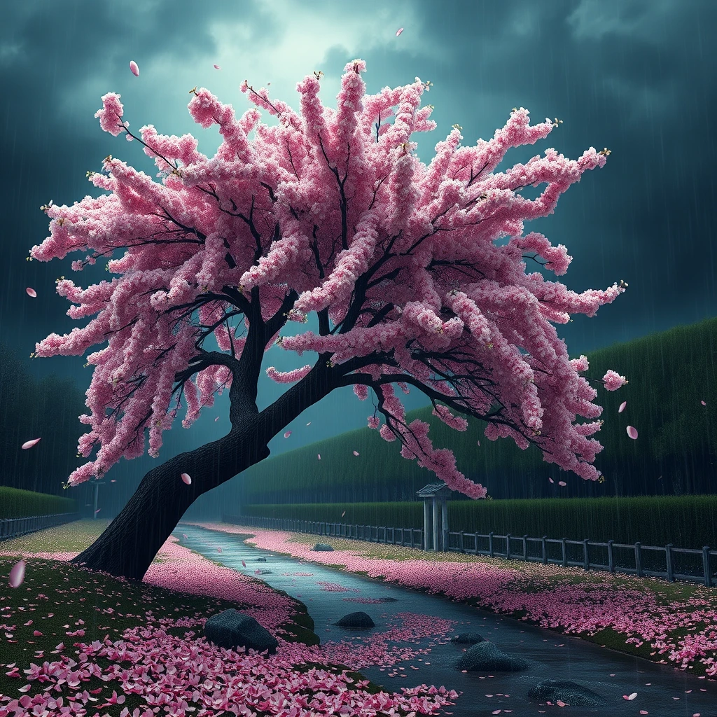 Generate a high-resolution, photorealistic image of a beautiful cherry tree in full bloom by a stream in a rainstorm, petals floating and covering the surrounding ground. The windswept canopy against the stormy sky shapes an illusion of a haunting visage, a demonic skull described by shifting light on the blossoms as the branches are blown by strong swirling winds.
, hyper-detailed, night, rendered in 8k resolution.