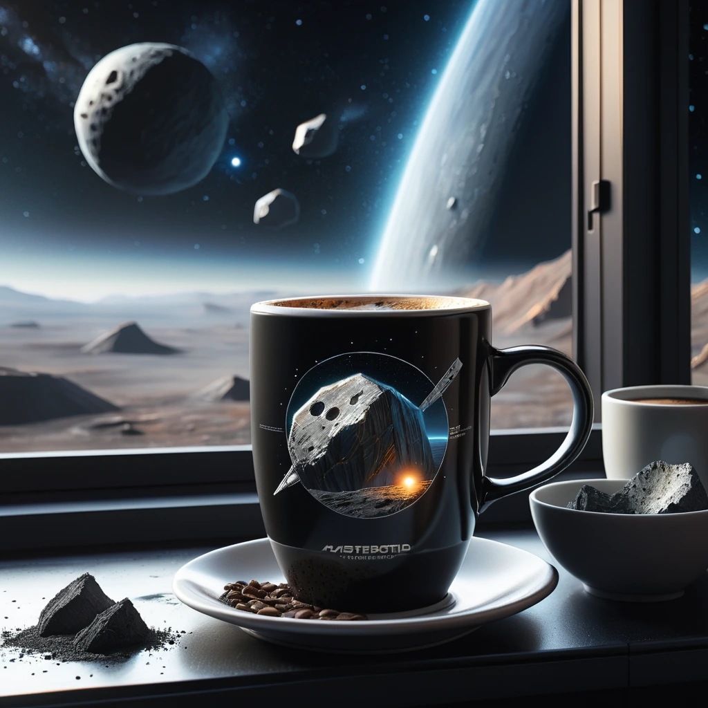 A detailed coffee cup by a window overlooks an asteroid's mining surface, featuring futuristic, infrastructure. The background is black, dotted with stars.