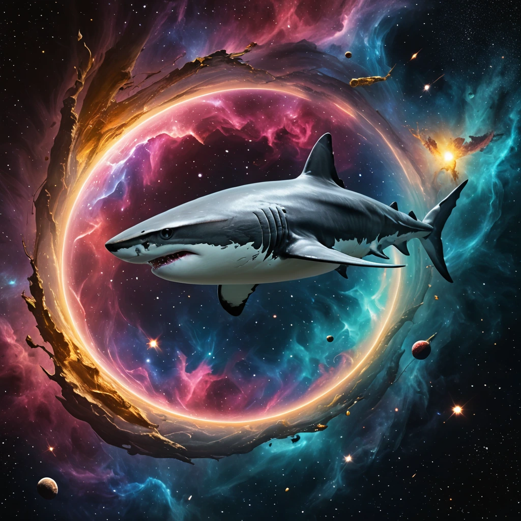 Create a digital sculpture of a beautiful great white shark swimming around in space. using AI technology, inspired by [albino white, dusty rose, and gold]. In deep dark space with a background of a vibrant Nebula.