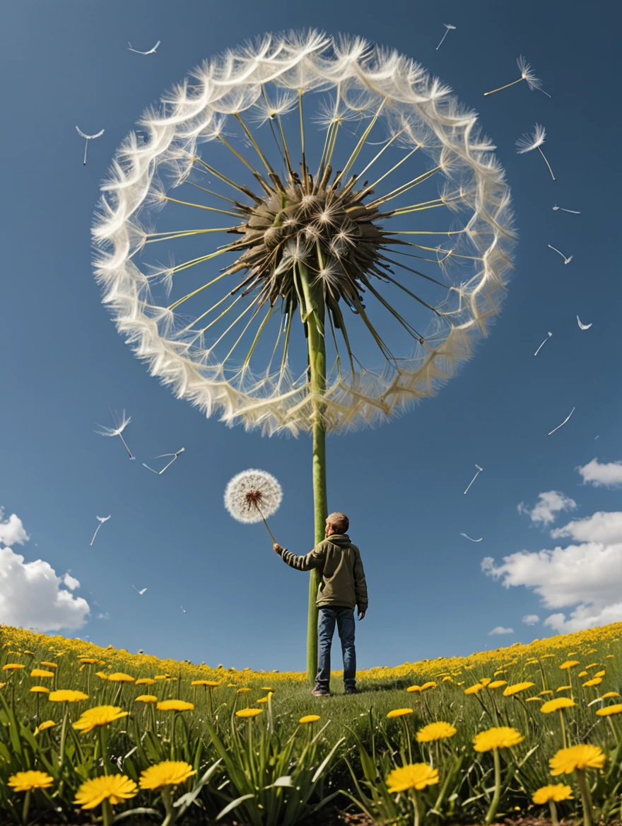 tiny man standing under a giant dandelion