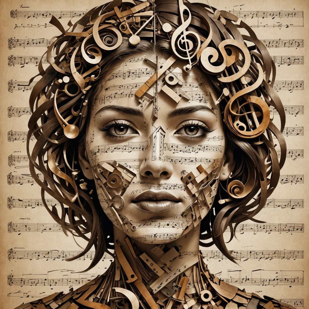 Create a womans face, pieced together from broken musical instruments and music notes