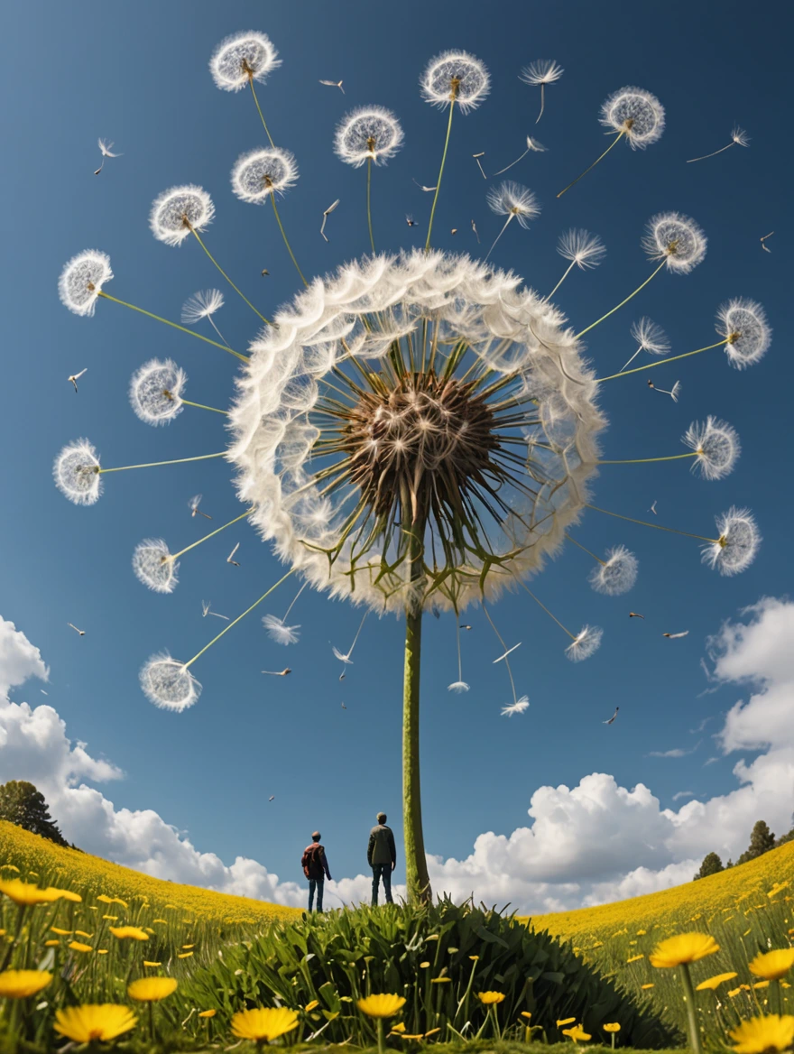 tiny man standing under a giant dandelion