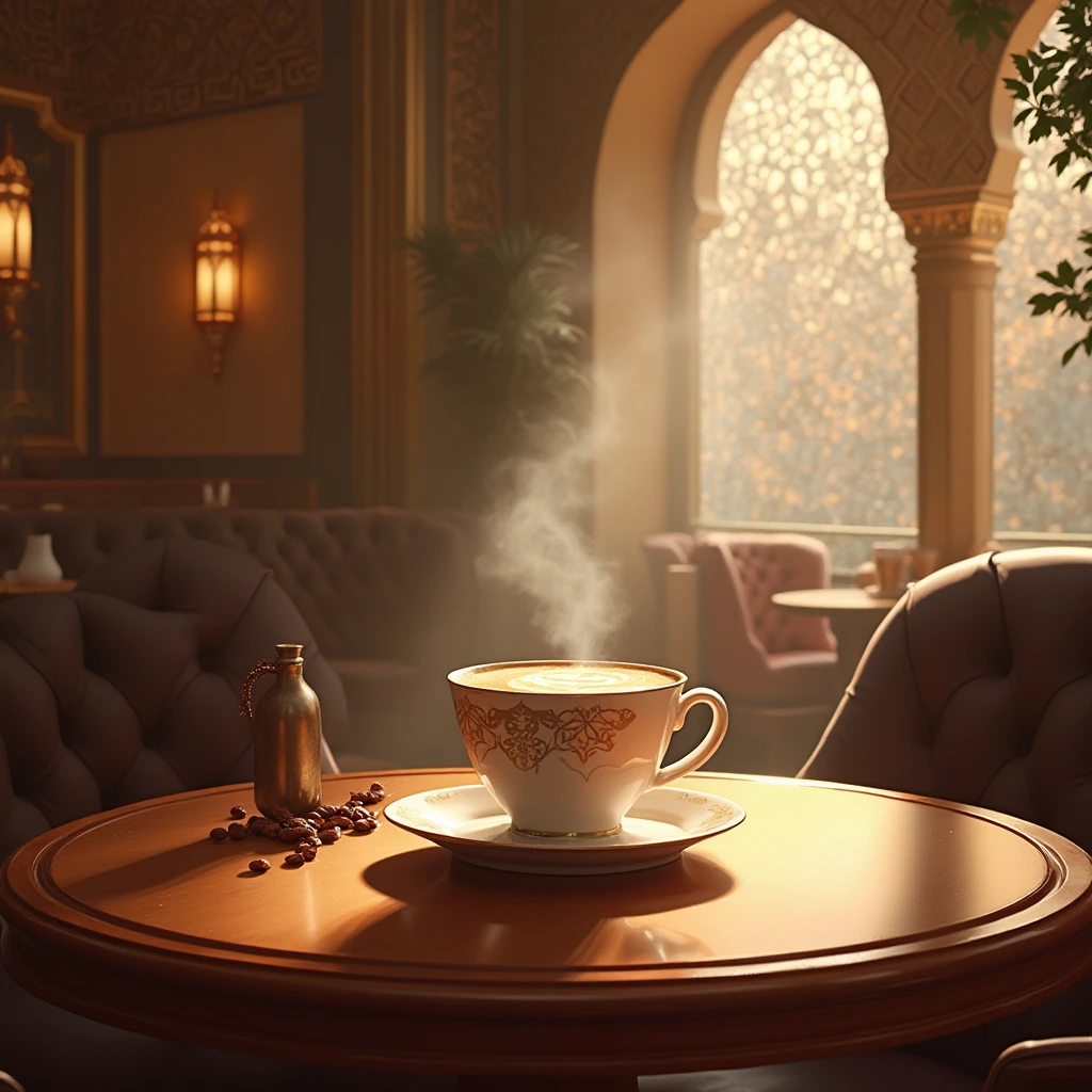 a hyper-realistic digital painting of a stunning beautiful islamic coffee in an Arabian style cafe at morning coffee