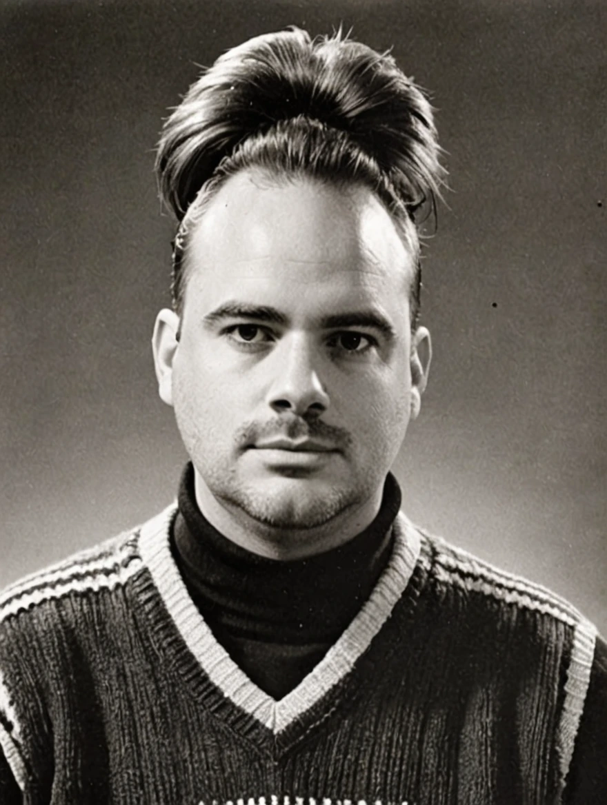 A 1993 yearbook photo of male high school student, turtlenecks, sweater vests, middle-part hairstyle