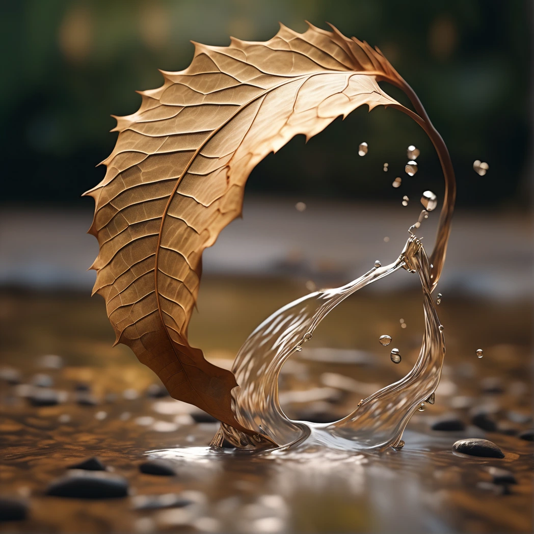 a dry leaf in the shap of a dancer falls delicately into a puddle of water creating a slight wave cinematic, epic realism,8K, highly detailed