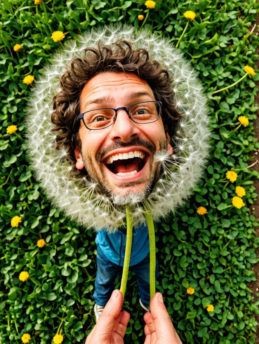 tiny man standing under a giant dandelion