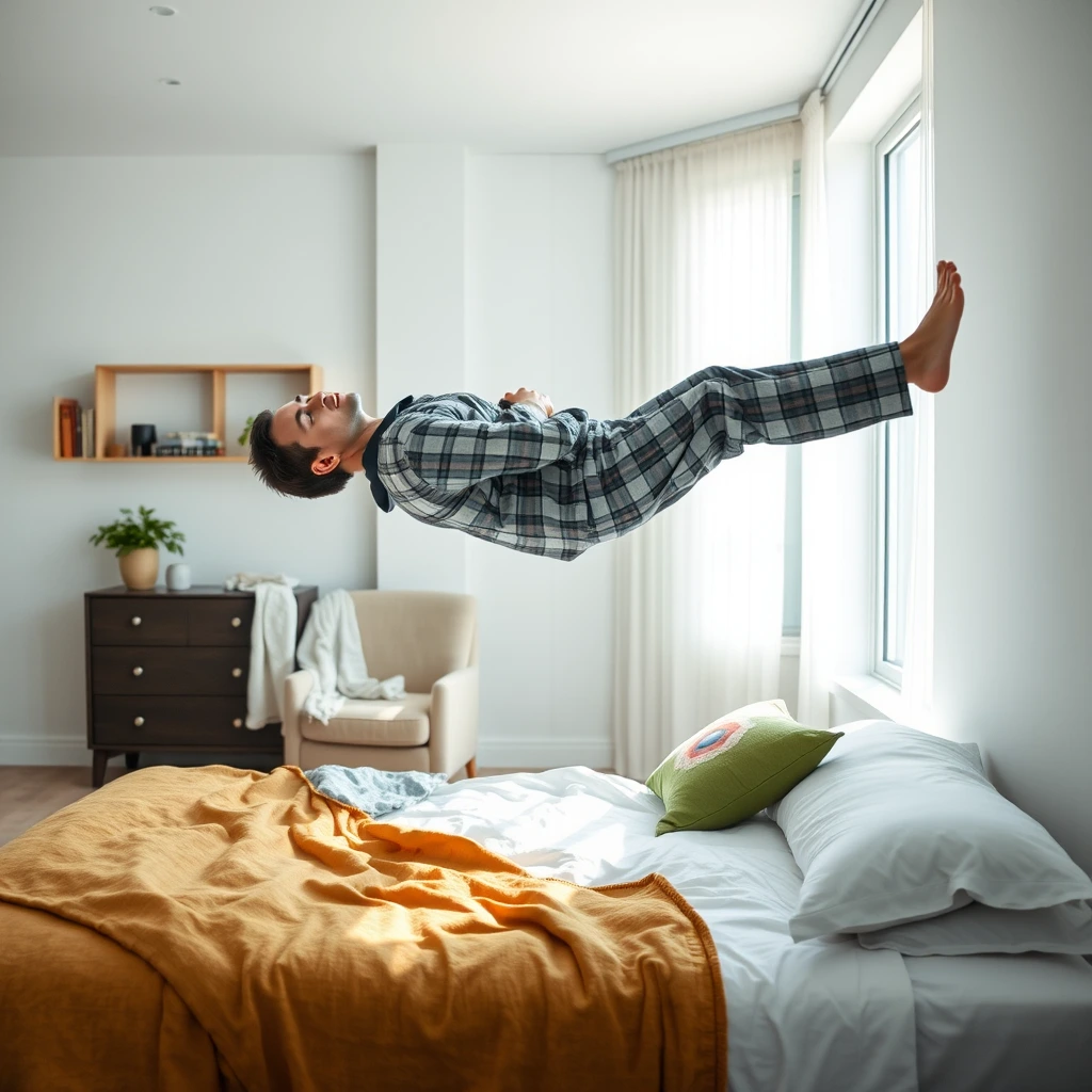 A surreal image of a modern, well-lit bedroom with a man levitating horizontally above a bed. The man wearing a gray plaid pajama, and appears to be in a deep sleep or relaxed state, with his eyes closed. while the rest of his body is suspended in the air. 
The bed below him has a white, slightly disheveled sheet, with a mustard yellow blanket partially draped over the side. There are two pillows on the bed, one green and another with a colorful geometric pattern. 
In the background, a cozy upholstered chair with a white blanket draped over it is visible. To the left, there is an open shelf with books and decorative objects, and a potted plant on a dresser. The room is softly lit by natural light coming through a large window, illuminating the serene yet mysterious scene. The walls are light-colored, likely white or a very pale shade, which enhances the focus on the levitating man and the soft-toned elements in the room. The overall atmosphere is calm and serene, with the levitation adding a dreamlike, slightly unsettling contrast.