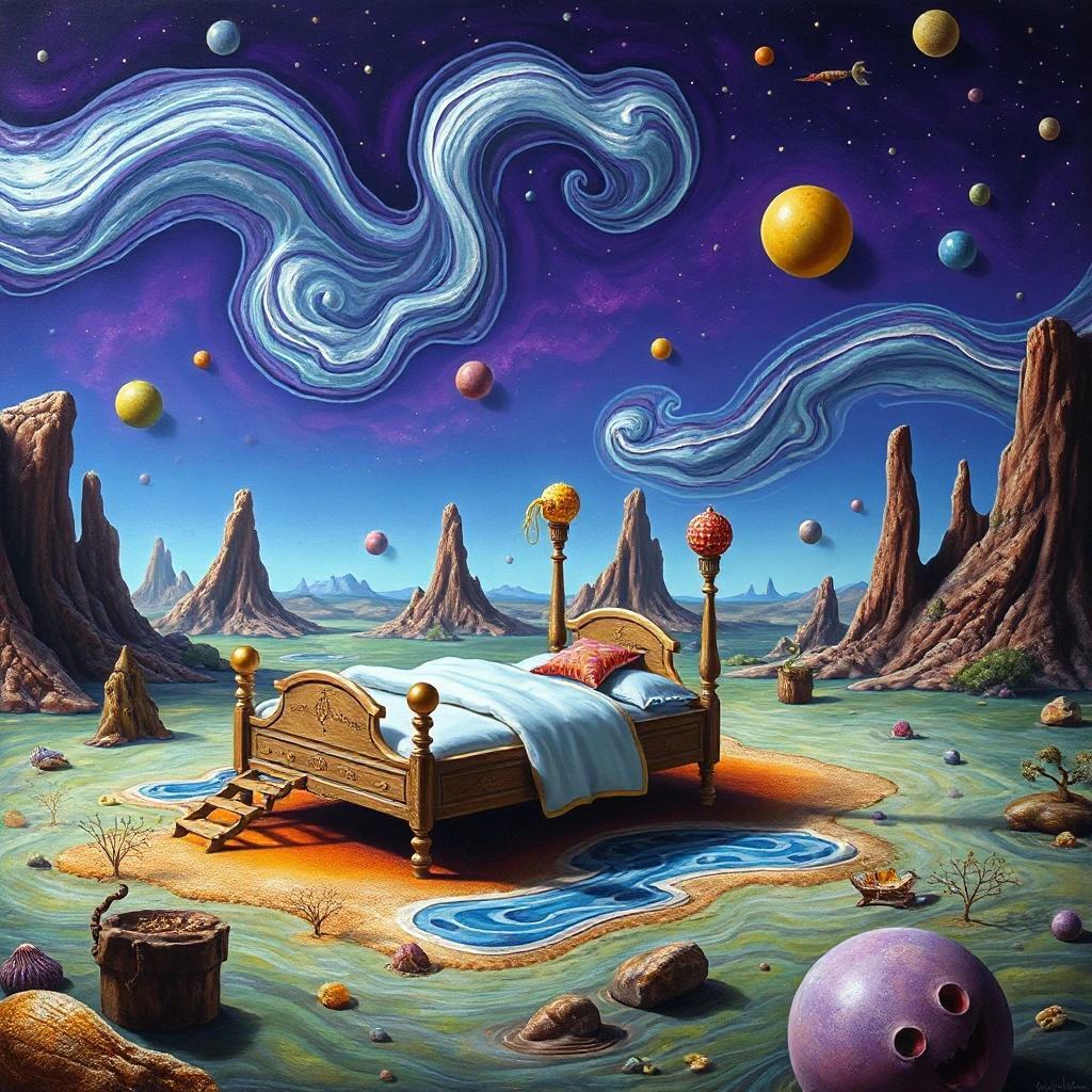 An otherworldly landscape inspired by Salvador Dali's surreal style, where a whimsical bed is placed under a starry purple sky, surrounded by bizarre and dreamlike scenery.