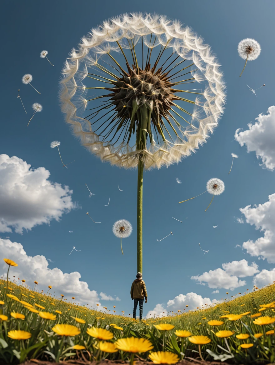 tiny man standing under a giant dandelion