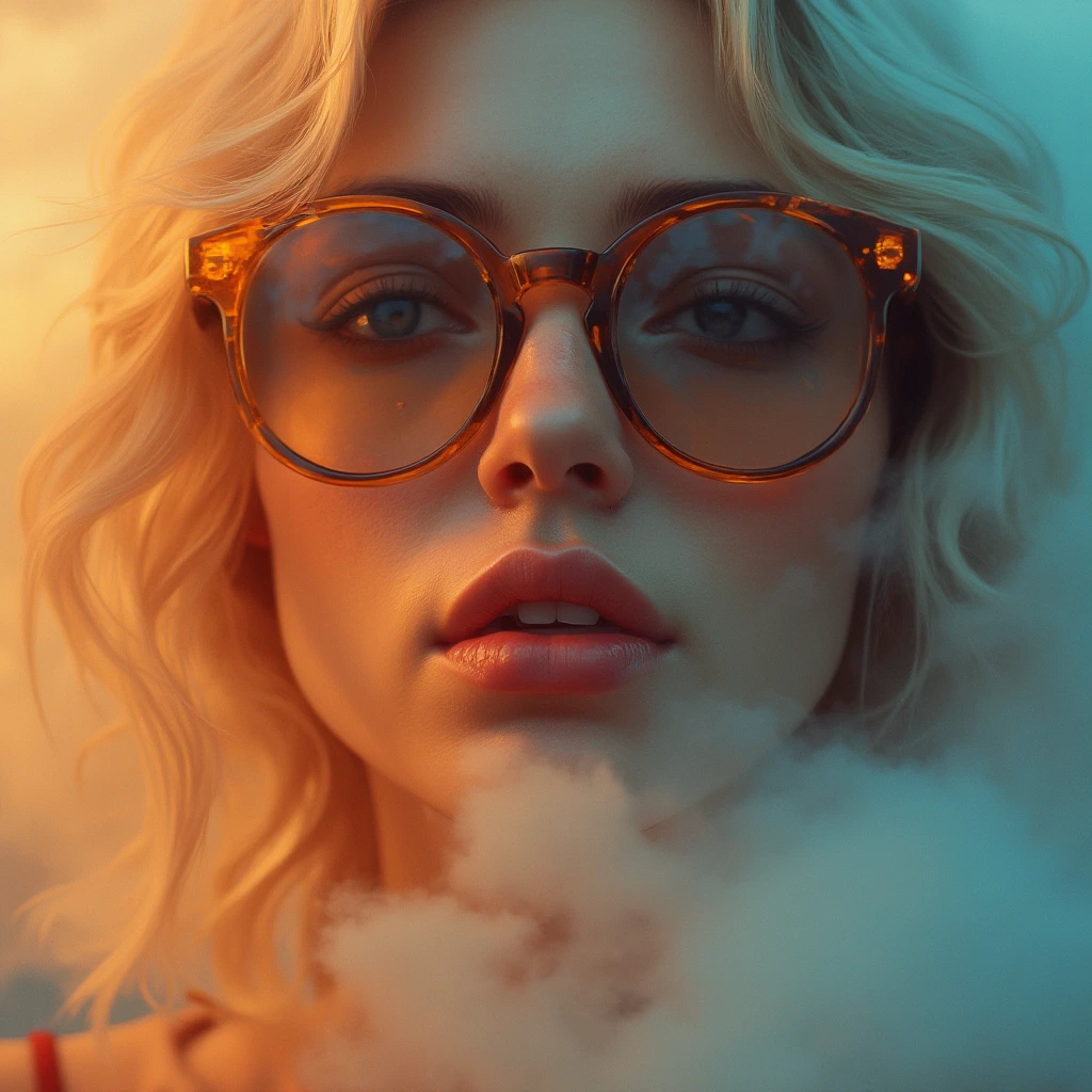 Close-up portrait of a woman wearing round  transparent sunglasses,  Half her face is warm-toned, half cool-toned. Dramatic clouds in shades of orange and blue surround her. Hyper-realistic digital painting style. The woman has full lips and wavy blonde hair. Intense contrast and vivid colors. Surreal and dreamlike atmosphere. 32 K resolution, highly detailed.