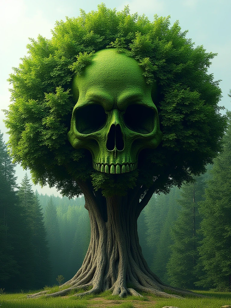 A breathtakingly realistic 8K resolution photograph of a large, lush tree in a tranquil forest setting. The dense canopy of green leaves at the top of the tree has been meticulously arranged to form the subtle yet unmistakable outline of a demonic skull face. The skull is crafted entirely from the natural shapes and textures of the leaves, with the background forest visible through the spaces between the leaves to create the impression of the skull's features. The design is remarkably intricate, requiring close inspection to fully discern the eerie visage hidden within the treetop. The lighting is natural and the details are crisp, creating a sense of photographic realism. Everything about the image, from the tree's majestic form to the unsettling skull hidden within, should captivate the viewer's attention.