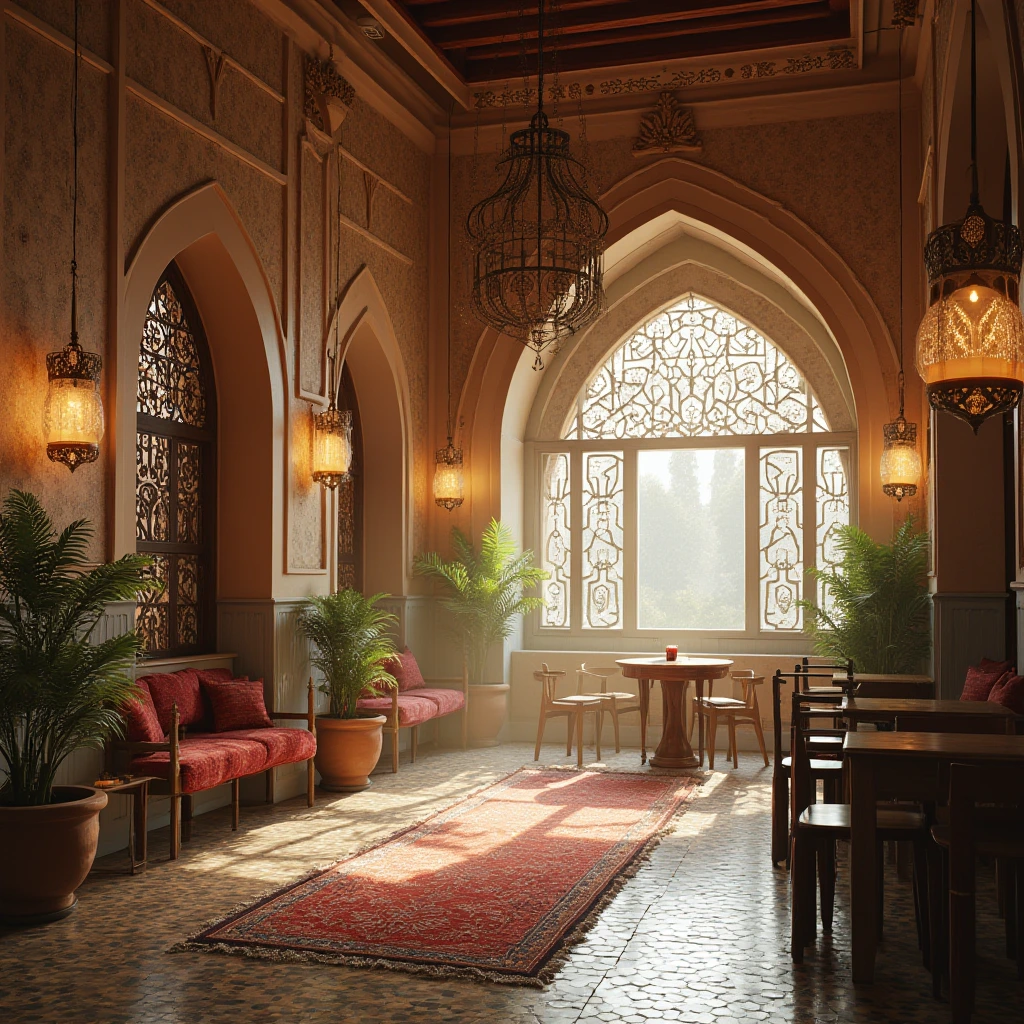 a hyper-realistic digital decoration of islamic Arabian style cafe