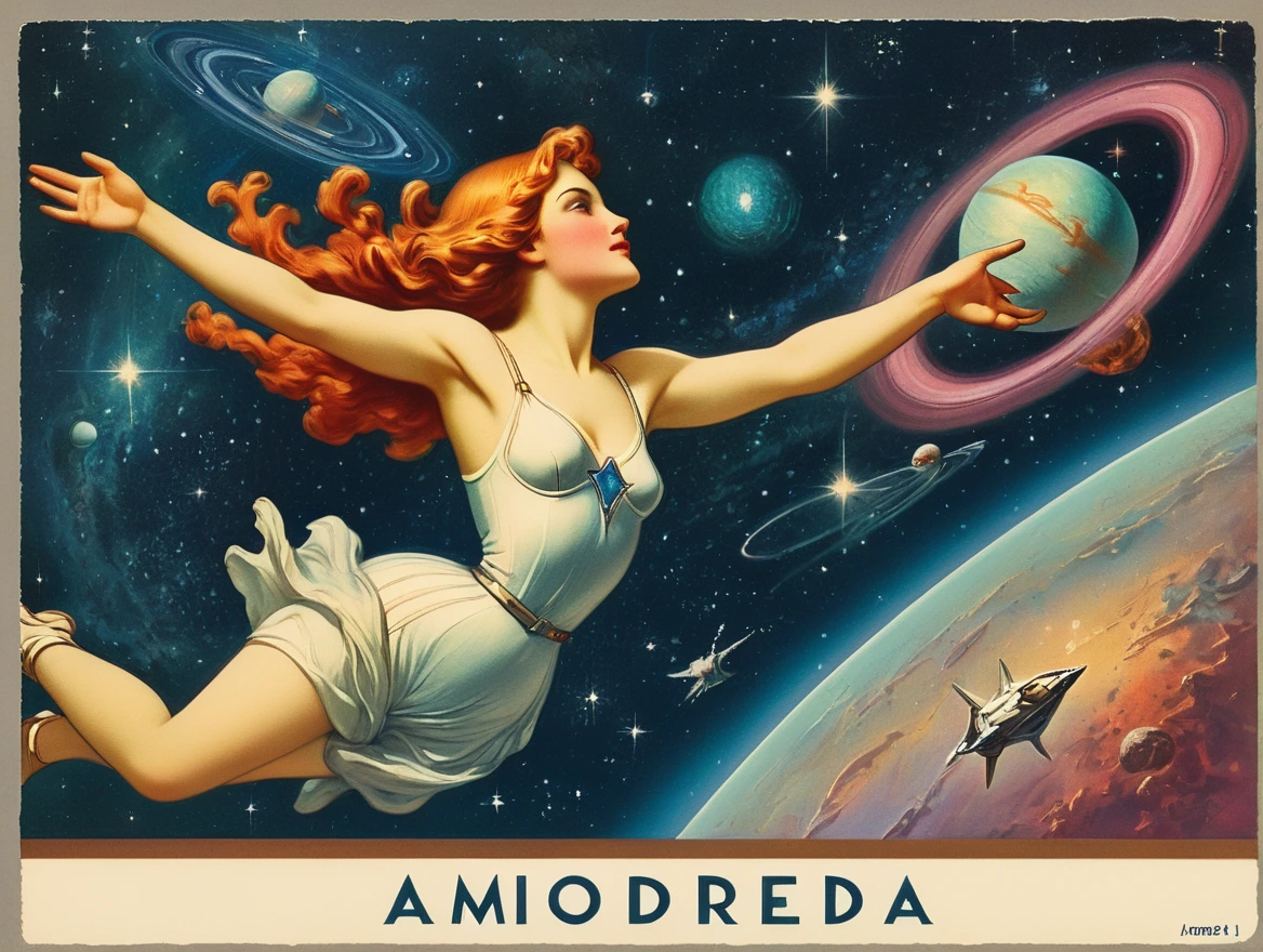 Postcard with text "Andromeda", vintage postcard style,