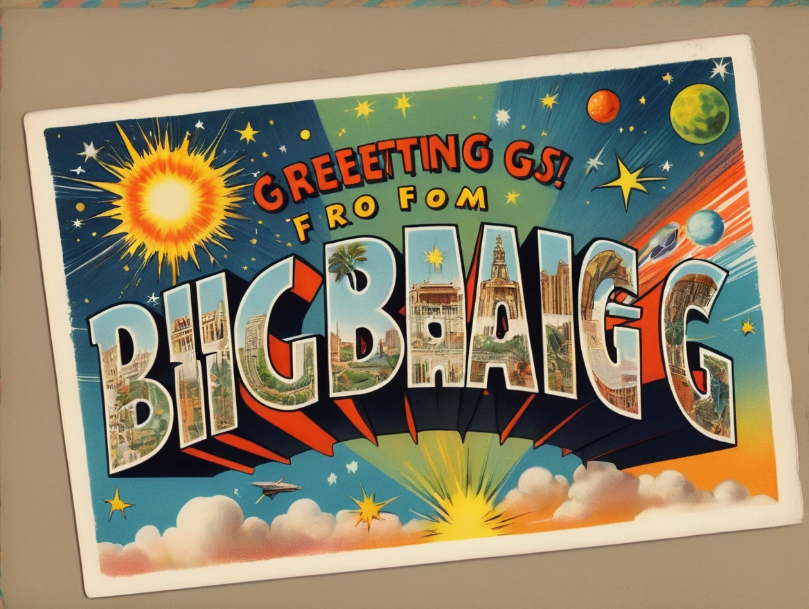 Postcard with text "Greetings from Big Bang", vintage postcard style,