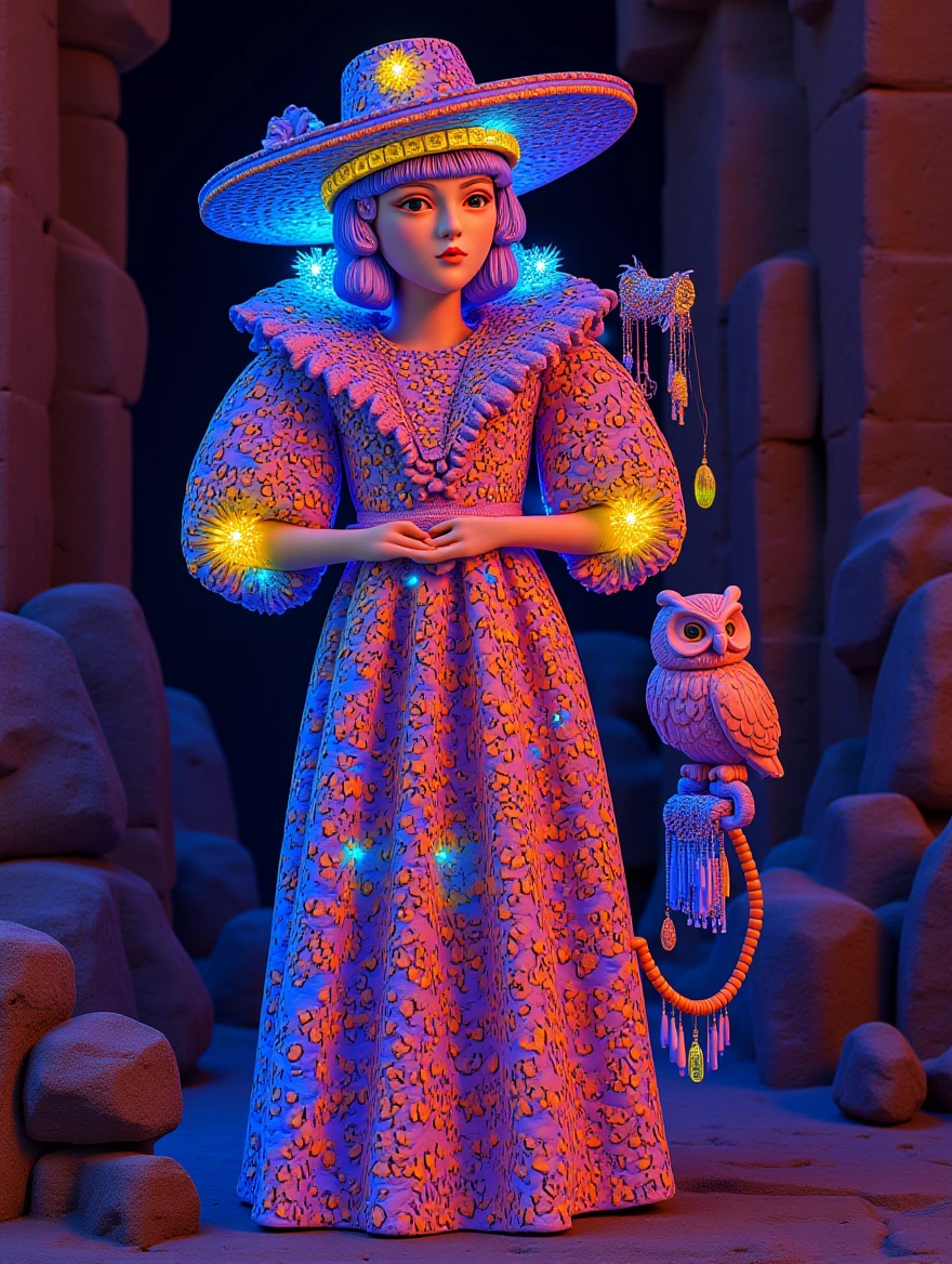 Create a mixed eclectic Witch and her fluffy magical owl in stunning prismatic color. She wears a magical hat and a majestic futuristic bohemian gown surrounded in lights, in the style of sculptural reliefs. Traditional photographic techniques, porcelain, patterned, Kusama infinity nets, installation materials, at sunrise with an otherworldly atmospheric vibe. Text "Boa tarde!"