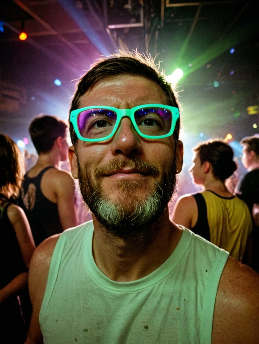 iPhone photo at a rave at 2am looking sweaty and tired