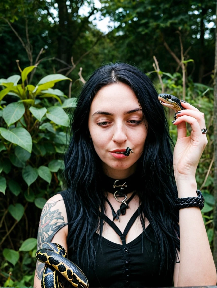 A female goth with piercings and a pet snake