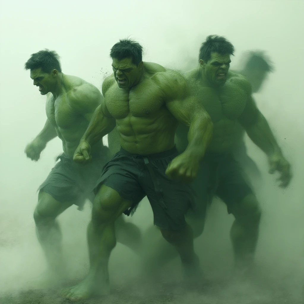 A 10 exposure photography scene in deferent positions capturing Mark Ruffalo turns to a massive Hulk with pain and screeming with sound waves effects. The image shows several layers of the transformation in different stages of a flowing Mark Ruffalo move, blending together with blurred transitions. Each layer highlights different points in the movement, from a man till he become the Hulk, creating a sense of fluidity, control, and power. The overlapping layers give the composition a dynamic and abstract quality, emphasizing the energy and pain and massive power of the Hulk.