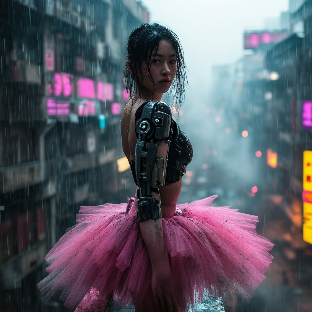 A portrait of an East Asian ballerina in a cyberpunk city. She's standing on a crumbling ledge looking at the camera, wearing a worn black and pink tutu, with a cybernetic right arm. It's raining heavily, and neon lights flicker around the decaying buildings behind her. The city below is covered in smog and steam. The ballerina is lit softly, with the background slightly blurred, creating a cinematic feel. Highly-detailed, precise art photography, 50mm lens, establishing wide.