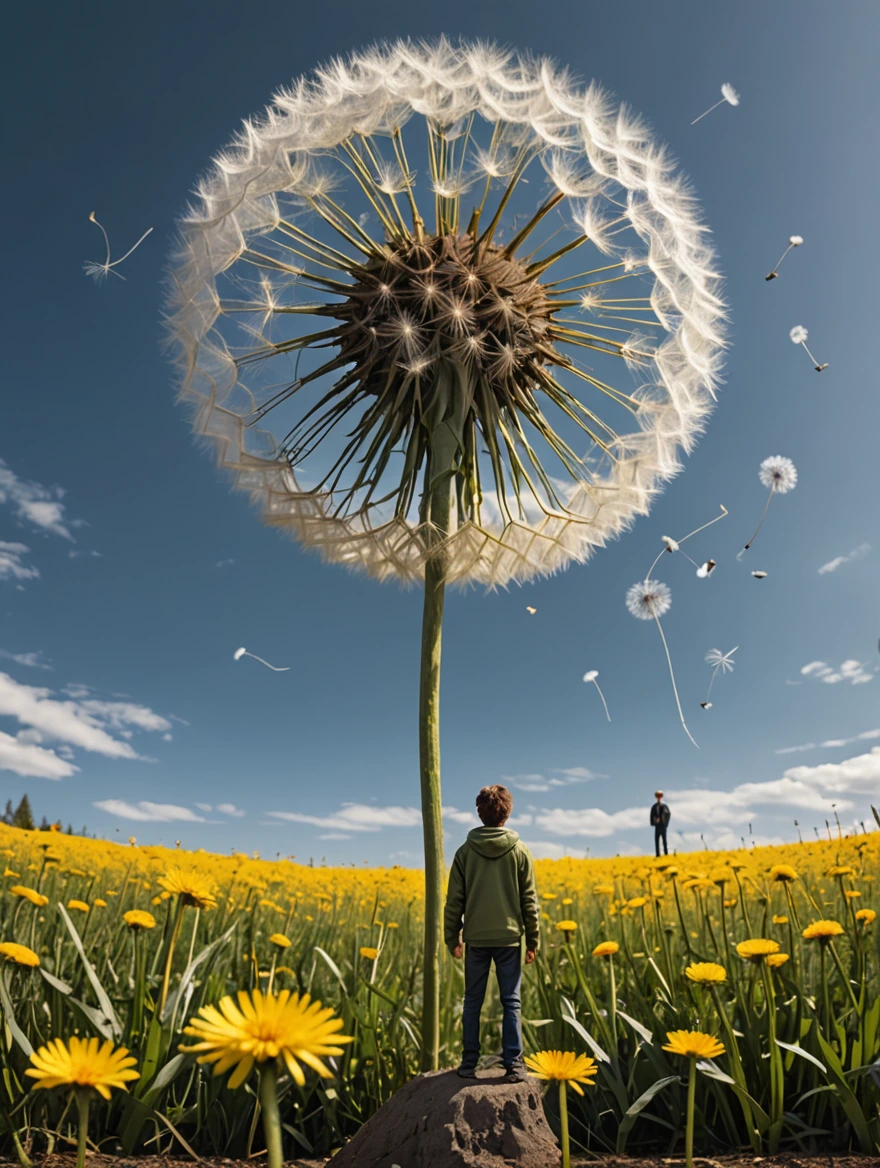 tiny man standing under a giant dandelion