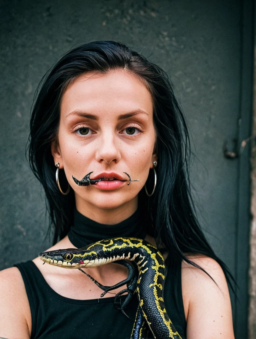 A female goth with piercings and a pet snake